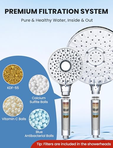 Image of Magichome Filtered Shower Head Handheld Mother-Child Large Arm Combo, High Pressure 10-Spd Detachable Chrome Showerhead w /Stainless Hose, Water Softener Beads Hard Water - Remove Chlorine, Sliver
