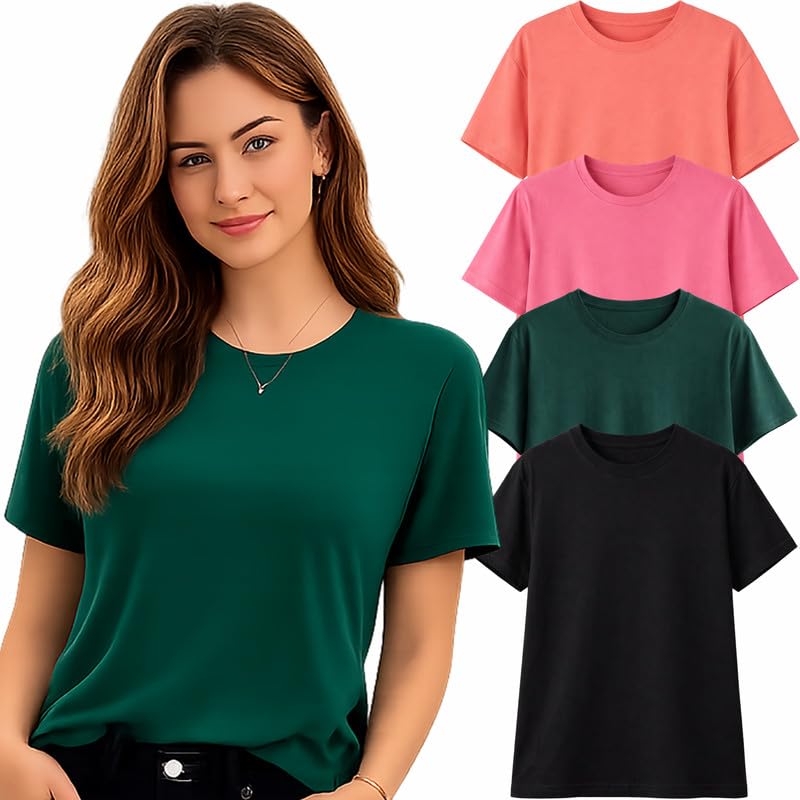 Image of London Hills Tshirt for Woman | T Shirt for Woman Cotton Casual Tops | Tshirts Shirts for Women Round Neck Short Sleeve | Women Tees Everyday Wear Basic T Shirts for Womans (Pack of 4)