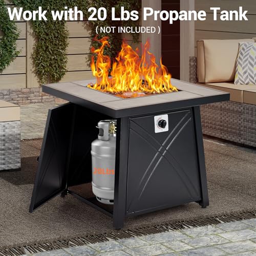28 Inch Propane Fire Pit, Outdoor Gas Fire Pits Table 50,000BTU Squre Firepits Table with Lid and Lava Rock for Yard Patio Garden Outside Party