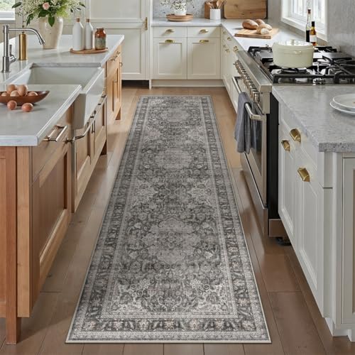 2x8 Washable Black Grey Vintage Runner Rug for Kitchen Hallway Non-Slip Low Pile Carpet Traditional Retro Distressed Accent Vacuumable Throw Rug for Entryway Bedroom Indoor