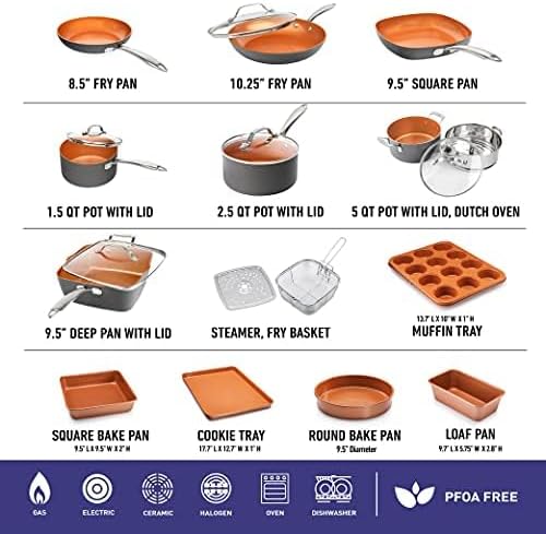 gotham steel pro 20 piece pots & pans set | hard anodized complete cookware set + bakeware set, ultra nonstick ceramic copper coating, chef grade quality, metal utensil safe, oven & dishwasher safe pro hard anodized set