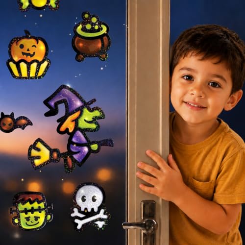 Image of Imagimake DIY Spooky Friends Jelly Stickers | 10+ Stickers - Paint, Peel & Stick | Halloween Glass Painting Activity Set with 7 Paint Tubes | Art and Craft Kit for Kids 3-6 Years | Return Gift for Boys & Girls Age 3+