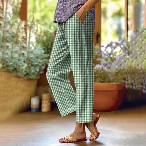 Casual Striped Plaid Pajama Pants for Women Cotton Linen Straight Leg Summer Beach Trouse with Pocket Drawstring Pant2