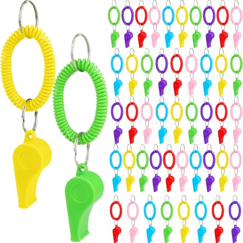 48 Pcs Colorful Whistle with Bracelet Bulk Loud Whistle with Stretchable Coil Wrist Keychain Bracelet for Kids Toy Coach Referee Utensils Christmas Birthday Party Gift Bag Filler, 6 Colors