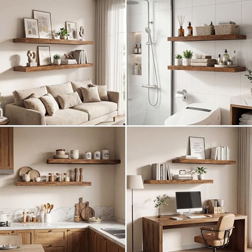 Image of Dreamland 72 Inches Floating Shelves for Wall,9.3 inch Deep Long Floating Shelves Set of 1,Large Display & Storage Shelf,Wall Shelf for Bathroom Bedroom Living Room Kitchen Office,Rustic Brown