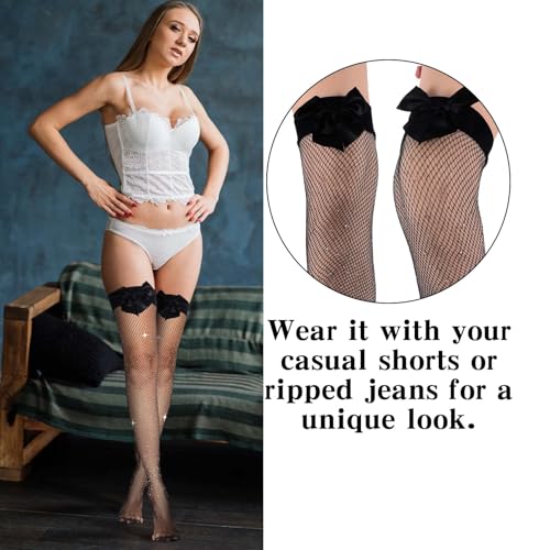 Image of Abeillo 2 Pairs Fishnet Stockings for Women Mesh Thigh High Stockings Fishnet Hold up Stockings Suspenders with Bow Pantyhose for Women(Black)