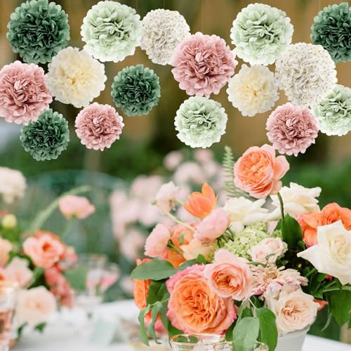 Image of BestoFun 16 PCS Pink Green Party Decorations Tissue Paper Flowers Pom Poms Decorations for Girl Groovy Birthday Baby Shower Wedding Bachelorette Room Wall Hanging Decor