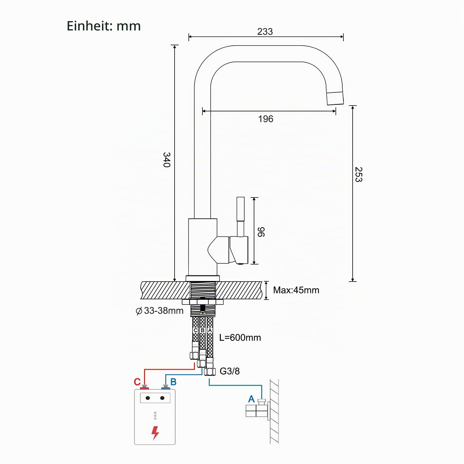 BONADE Niederdruck Armatur Küche Edelstahl, Küchenarmatur Niederdruck 360° Drehung, Spültischarmatur Mischbatterie Einhandmischer für Küche, Wasserhahn Küche Niederdruck 3 Anschlüsse an den Boiler