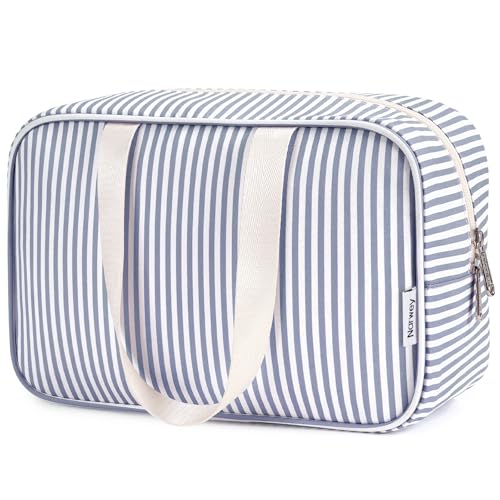 Full Size Toiletry Bag Women Large Cosmetic Bag Travel Makeup Bag Organizer Medicine Bag for Toiletries Essentials Accessories (Greyish Blue Stripe, Large)