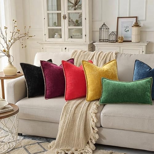 Image of decorUhome Fall Chenille Soft Cozy Throw Pillow Covers 12x20 Set of 2, Modern Farmhouse Boho Velvet Decorative Pillow Cases with Stitched Edge for Couch Sofa Bed Home Decor, Rhododendron