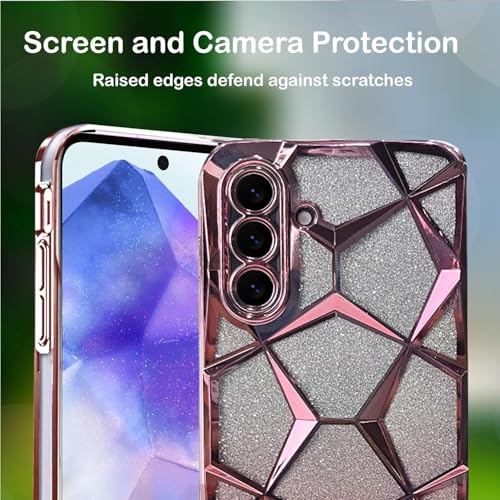 Image of VONZEE Gradient Glitter Case for Samsung A26, Luxury Electroplated 3D Cube, Diamond Bling Shiny Soft TPU Clear Shockproof Women Girls Protective Phone Cover (Rose Gold)