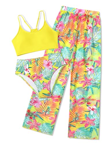 Image of NECIOUS Girls Swimsuit Size 10-12 Bikinis Swim Teen Girls Bathing Suit 3 Piece Yellow Tropical Floral Adjustable Strap Swimwear with Cover Up Pants