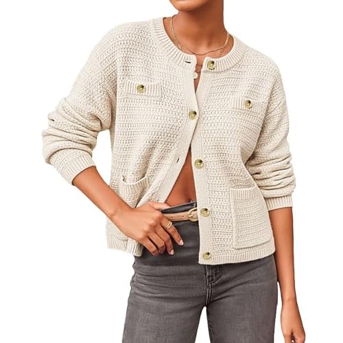 Bsubseach Cardigan Sweaters for Women with Pockets Fall Cropped Cardigans Trendy Button Up Sweaters Off Yellow Medium
