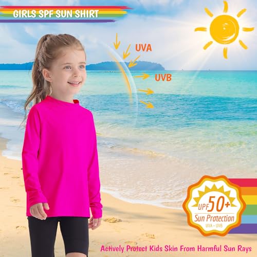 Girls Rash Guard Swim Shirt Long Sleeve for Toddler Kids Rashguard Water Shirt UPF50+ Swimming Fishing Sun SPF Shirt Neon Pink 2T2