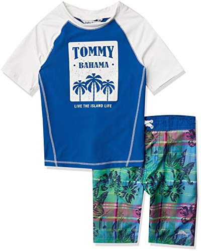 Tommy Bahama Boys' Rashguard and Trunks Swimsuit Set, Blue/White/Tropical, 4T