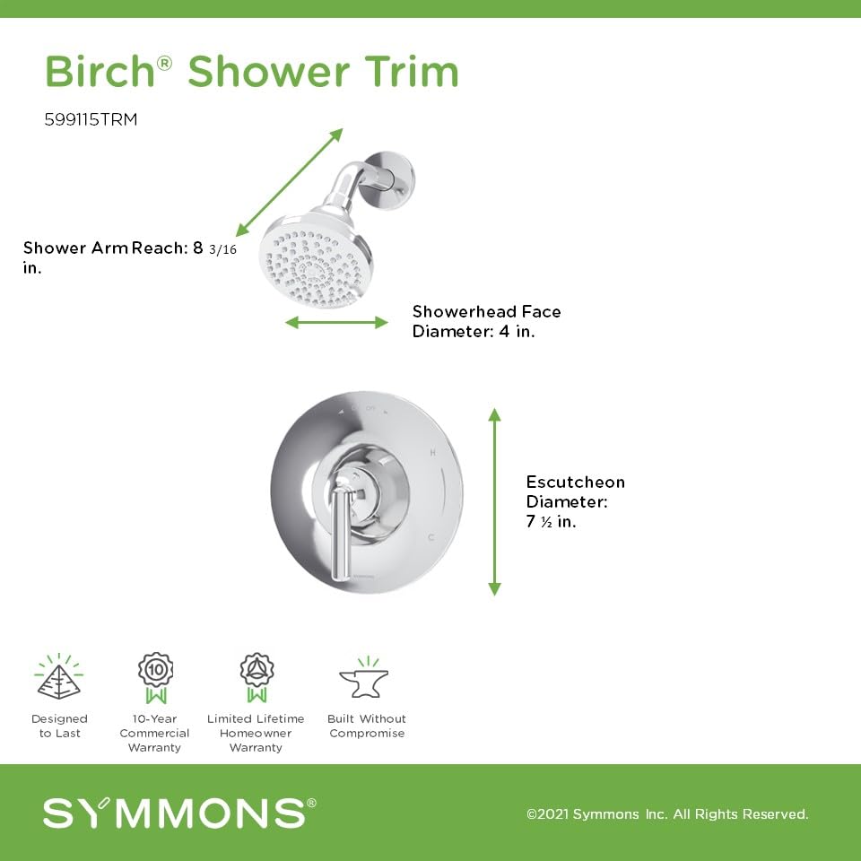 Symmons Birch HydroMersion Kit de Recorte para Ducha de Mango Único | Acabado Cromado Pulido con Platina - 1.5 GPM (Válvula No Incluida) - 599115TRM miniatura 3