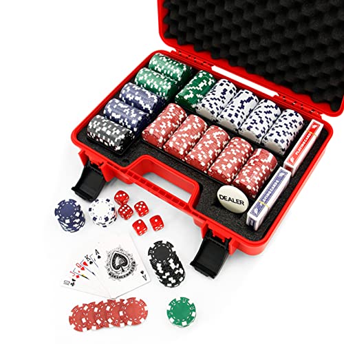 Alanng Poker Chip Set 300 Pcs With 40Mm Casino Chips, Poker Sets With Case-300 Poker Chips, Dealer, 5 Dice, 2 Decks Of Playing Cards, Red Carrying Case #TOP4