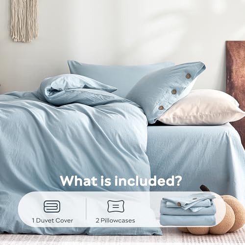 Image of JELLYMONI 100% Washed Cotton Duvet Cover Queen - Soft, Breathable Linen-Look Bedding with Natural Wrinkle Texture, Button Closure, 3-Piece Set (Mist Blue, 90 inchx90 inch)