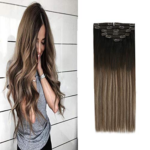 Sunny 16inch Balayage Clip in Hair Extensions Human Hair 7pcs Natural Black to Dark Brown with Ash Brown Full Head Extensions Clip in Remy Hair 120g/set