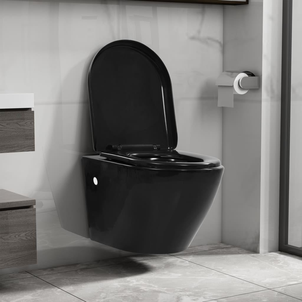Inodoro de pared sin borde de cerámica, color negro, con dispositivo de descenso automático, diseño sin bordes, superficie fácil de limpiar, 36 x 48 x 41,5 cm, incluye asiento y accesorios de