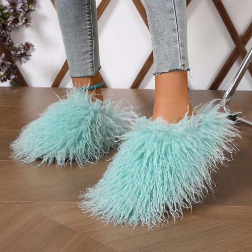 Image of Unisex Fuzzy Faux Fur Slippers, Women's Fluffy Long Hair Sheep Faux Fur Slip on Slides, Girls Luxury Big Fluffy Outdoor Flat Slippers, Long Curly Hair Non-Slip Warm Home Slide Shoes