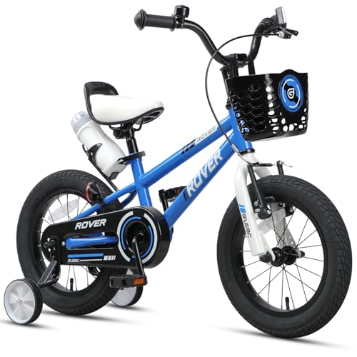 Glerc Rover Kids Bike 14 Inch Boys Bike for 3-5 Years Old Children Kids Bicycle with Water Bottle & Basket & Training Wheels Blue