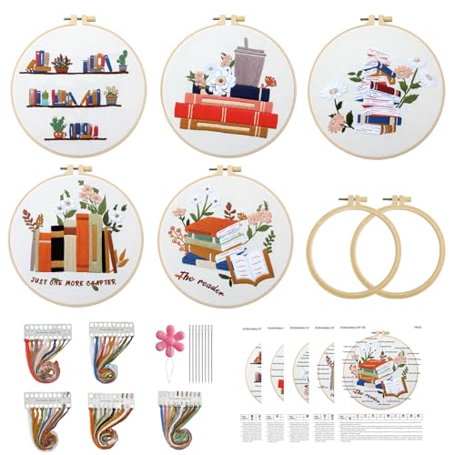 Image of CMINAUS 5 Sets Embroidery Kit for Beginners Adults Book Lover, Embroidery Starter Kit Book Pattern Hand Crewel Needlepoint Cross Stitch Kits Includes 2 Hoops Colored Threads Needles