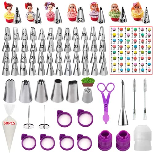 YOQXHY 128 Pcs Piping Tips and Bags Set with 48 Numbered Small Icing Tips,7 Numbered Korean Skirt Tips,5 Large Icing Tips,1 Grass Tip,1 Cream Long Tip,50 Pastry Bags,3 Couplers for Cake Decorating