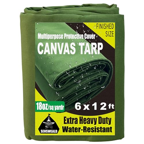 SENSWEALD Heavy Duty Canvas Tarp 6x12 Feet 18oz Water-Resistant Canvas Cover with GrommetsTear Resistant Durable Multipurpose Protective Green Tarp Cover for Camping Tent Car