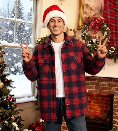 Image of HODOSPORTS Mens Flannel Shirts Jacket Fleece Sherpa Lined Heavyweight Button Down Plaid Shirts Coat Long Sleeve with Pockets