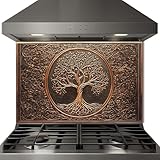 Mythog Tree of Life Glass Backsplash for Kitchen, Glass Stove Back Cover, Heat Resistant Kitchen Backsplash, Stove Behid Splashback Glass, Kitchen Decor Tile