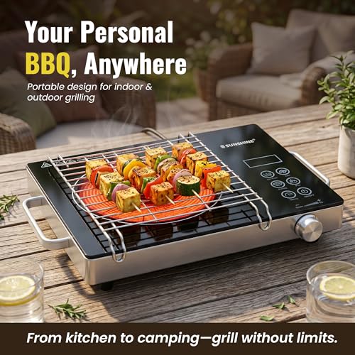 Image of Sunshine HeatWave 2000W Infrared Electric Cooktop | Works with All Cookware - Steel, Glass, Ceramic & Aluminium Cookware | 4 Cooking Modes | 60C-700C | Stainless Steel | BBQ Grill Stand