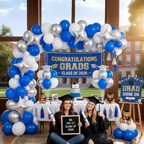Image of Royal Blue and Silver Balloons for Graduation Party Decorations, 12In Dark Navy Blue and White Balloons with Metallic Silver Star Balloon for Graduation Father's Day Birthday Baby Shower Party Decor