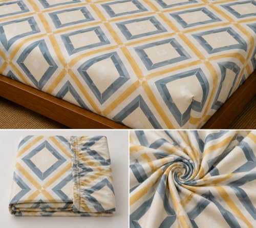Image of Fitted Bedsheet Multicolor Diamond Print Glace Cotton 210 TC | King Size for Double Bed Fits 6 x 6.5 ft Mattress (72 x 78 Inch) | All Around Elastic | 2 Pillow Covers | 10 Inch Deep Pocket