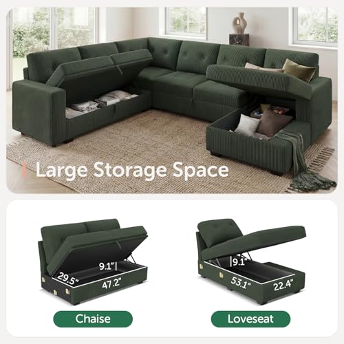 Image of HONBAY Modular Sectional Sleeper Sofa with Pull Out Bed, U Shaped Sleeper Couches with Storage Chaise, 114'' Sleeper Sectional Sofas for Living Room, Apartment (Velvet Green)