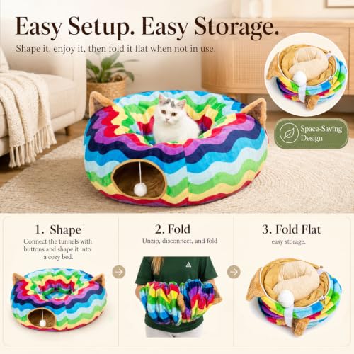 Image of Large Cat Tunnel Bed Under Christmas Tree with Fluffy Toy Balls, Small Cushion and Flexible Design- 10 inch Diameter, 3 ft Length- Great for Cats, and Small Dogs, Rainbow Wave Color