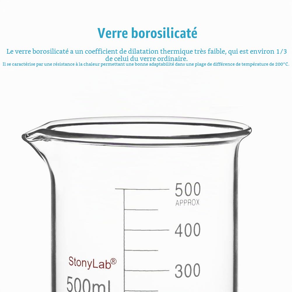 stonylab Set de Béchers de Laboratoire en Verre Borosilicaté, Béchers Griffin Graduées Forme Basse en 5 Tailles, 50 ml/100 ml/250 ml/500 ml/1000 ml (1 L), Pack Combiné