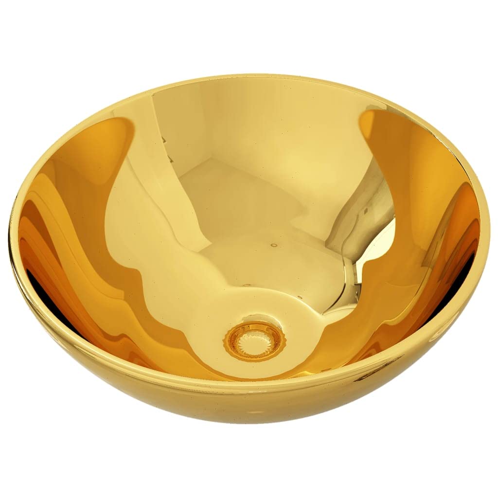 Lavabo de cerámica dorado brillante de lujo con dimensiones compactas de 32,5 x 14 cm