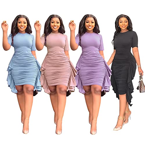 Acelyn Sexy Short Sleeve Summer Ruched Bodycon Dress For Women Clubwear Casual Dresses Purple #TOP3