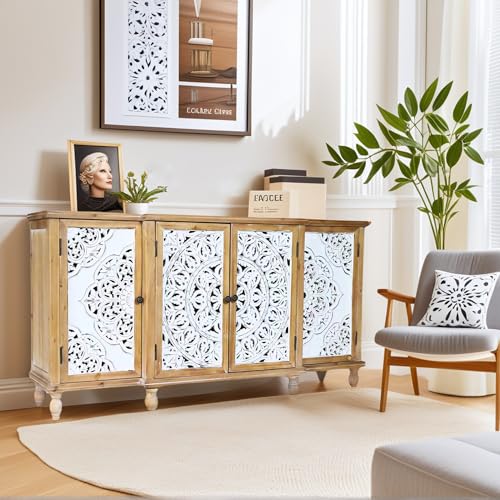 Image of Solid Wood Frame Farmhouse Buffet Cabinet, Antique White Carved 4-Door Shabby Chic Sideboard with Storage for Dining Room, Vintage Decorative Storage Console