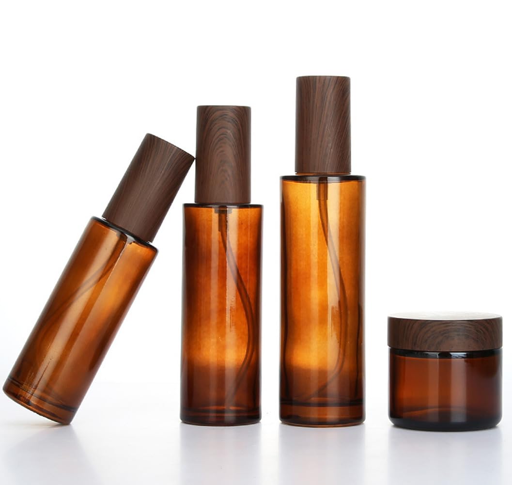 ASTRQLE 2 Pack 100ml Amber Glass Bottles with Plastic Wood Grain Lid and Black Pump Refillable Travel Size Lotion Containers for Skincare Cosmetics Creams Moisturizers - Image 3
