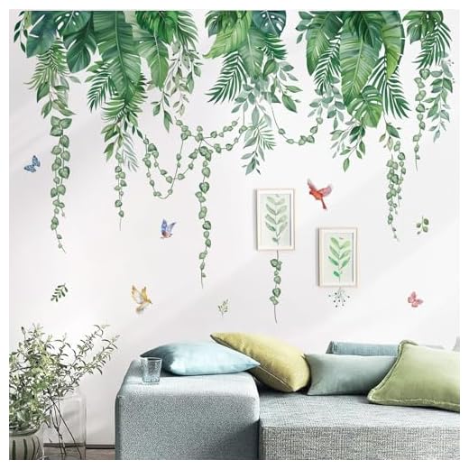 wondever Stickers Muraux Feuille de Palmier Vertes Autocollant Muraux Mural Stickers Pendaison Vigne Plantes Tropicale pour Chambre Salon Bureau Mur TV