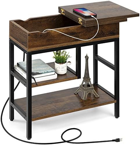 Hadulcet Side Table with USB Ports and Outlets, Narrow Sofa End Table with Storage Shelf for Small Sapces, Bedside Table Nightstand with Charging Station Rustic Brown