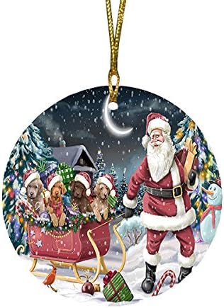 Santa Sled Dogs Chesapeake Bay Retriever Christmas Round Flat Ornament - Pet Decorative Hanging Ornaments for Christmas X-mas Tree Decorations - 2.75" Round Flat Ceramic Christmas Ornament POR1574