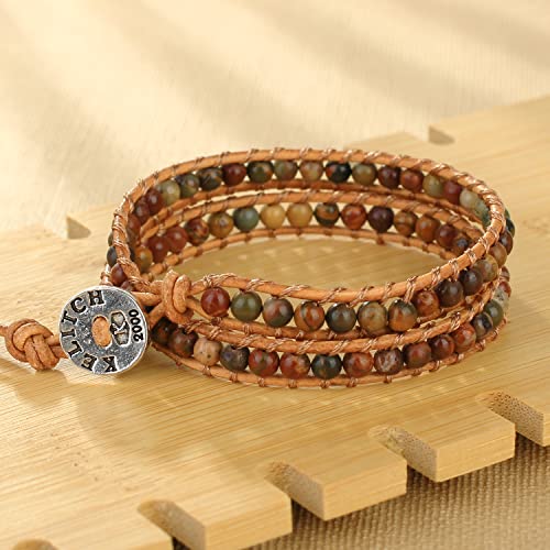 Kelitch Picasso Jasper Beads 2 Wrap Bracelet For Women Strand Brown Leather Cuff #TOP5