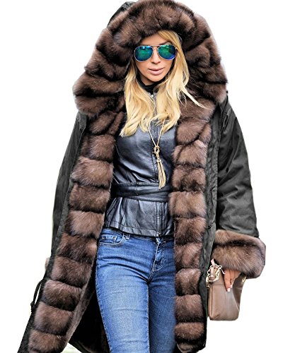 Aofur Women's Overcoat Long Faux Fur Parka Winter Trench Coat Military Jacket Warm Lined Outwear Anoraks (Large, Black)