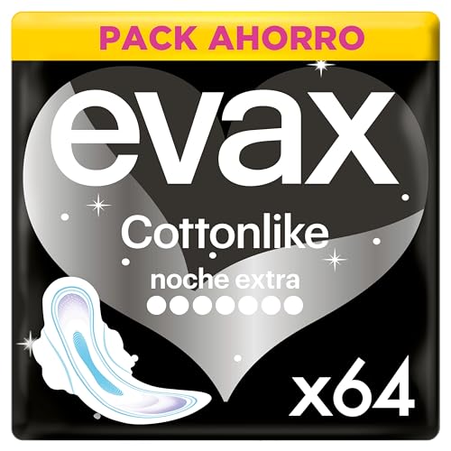 Evax Cottonlike Noche Extra Compresas Con Alas, Pack de 64, Parte Trasera 60% Más Ancha, Absorben Flujo, Eliminan Malos Olores, Capa Superior Extrasuave, 100% Limpia y 0% Olor