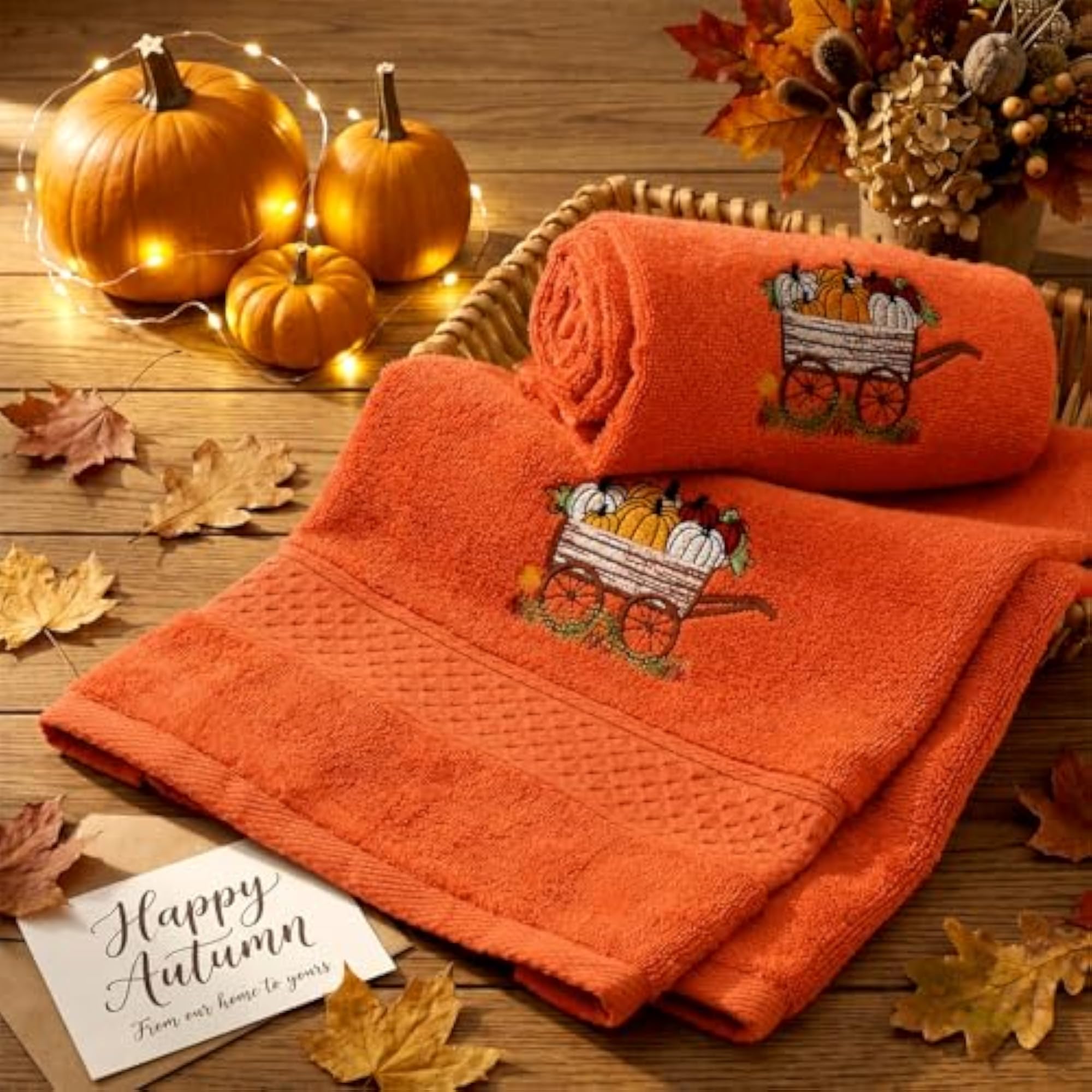 Cotton Embroidered Orange Pumpkin Wagon Decorative Dish Towels Set
