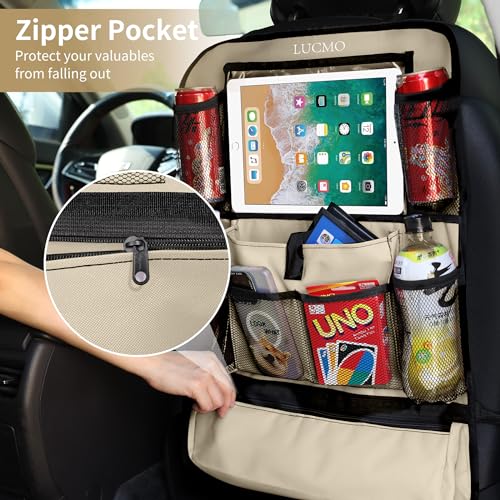 Image of LUCMO Car Backseat Organizer with Touch Screen Tablet Holder, Beige | 2 Pcs,9 Storage Pockets,Clear Tablet Holder,Protectors Kick Mats,Travel Accessories,Seat Cover,Road Trip Essentials