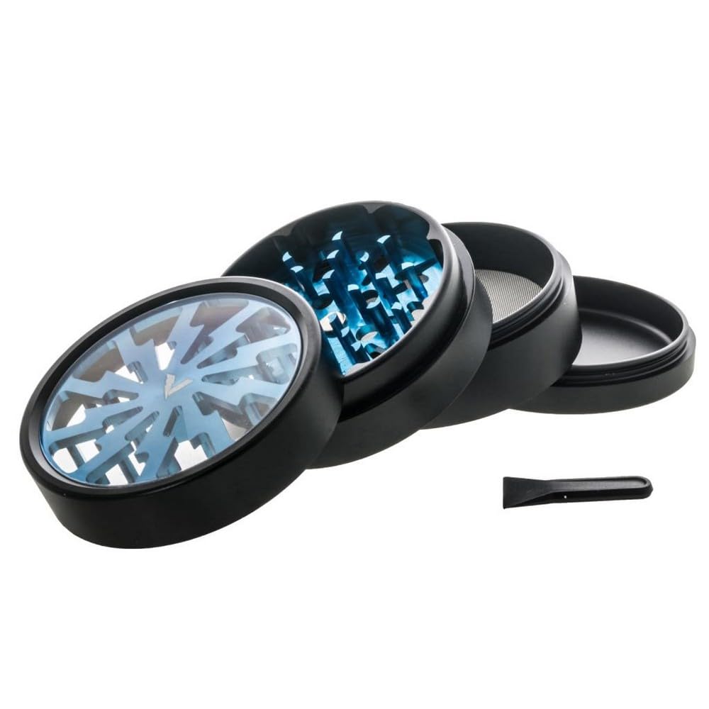 Vastu Volt Bolt 4-Part Metal Grinder - Premium Clear Top, Razor Sharp Diamond Teeth for Efficient Herb Grinding - Durable Aluminium Construction (Blue, 50mm)
